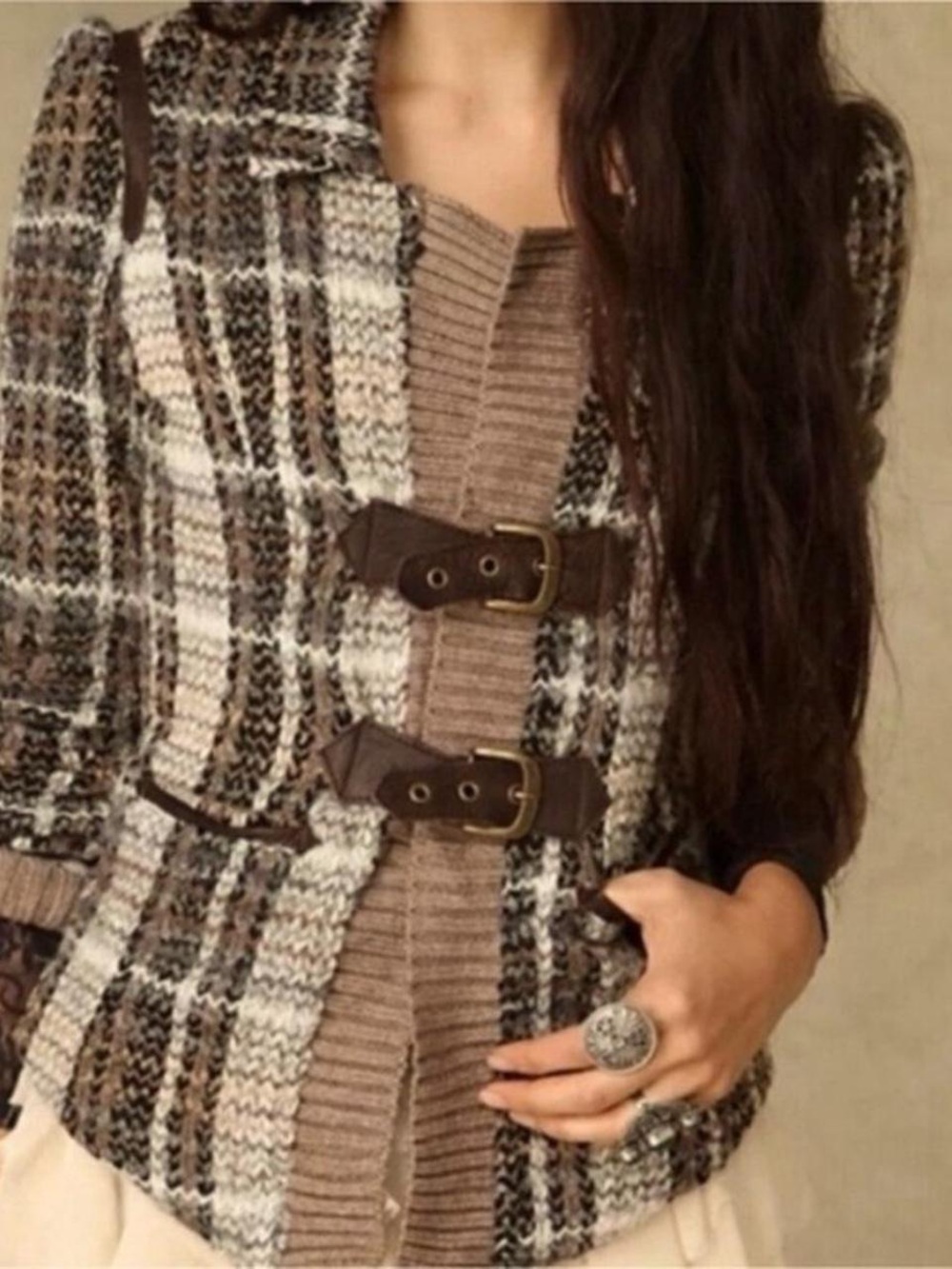 Free People Brown Black Gray Plaid Buckle Front Cardigan Sweater Jacket